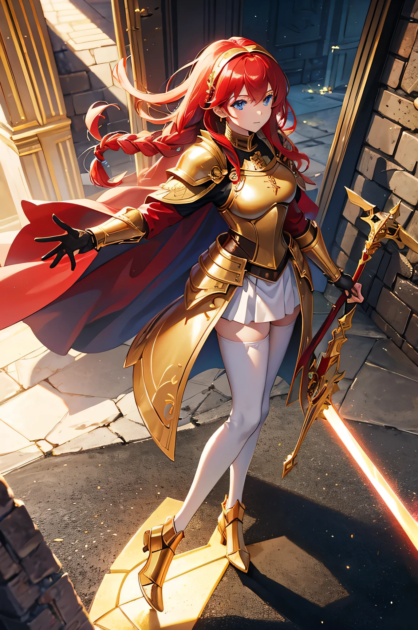 4K,High resolution,One Woman,Red Hair,long hair,Braid,Blue Eyes,knight,Golden Armor,Full Armor,Golden gloves,Golden shoes,Red Cape,White leggings,Jewelry decoration,hair band,Long sword,Inside a medieval castle