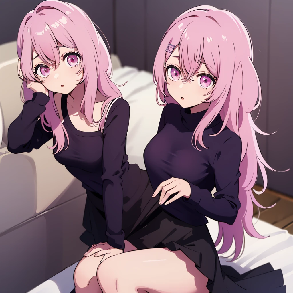 A beautiful young girl from the anime Oshi no Ko universe, ************, she have long wavy pink hair with purple eyes with star in her pupils she wear casual clothes like a sweater too long for her, a skirt and stocking, she is in her bedroom wearing a diaper