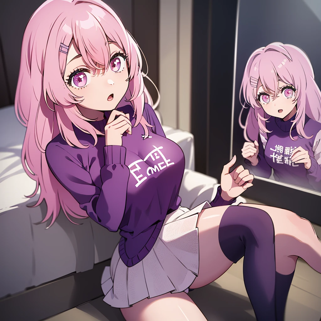 A beautiful young girl from the anime Oshi no Ko universe, 14 years old, she have long wavy pink hair with purple eyes with star in her pupils she wear casual clothes like a sweater too long for her, a skirt and stocking, she is in her bedroom wearing a diaper