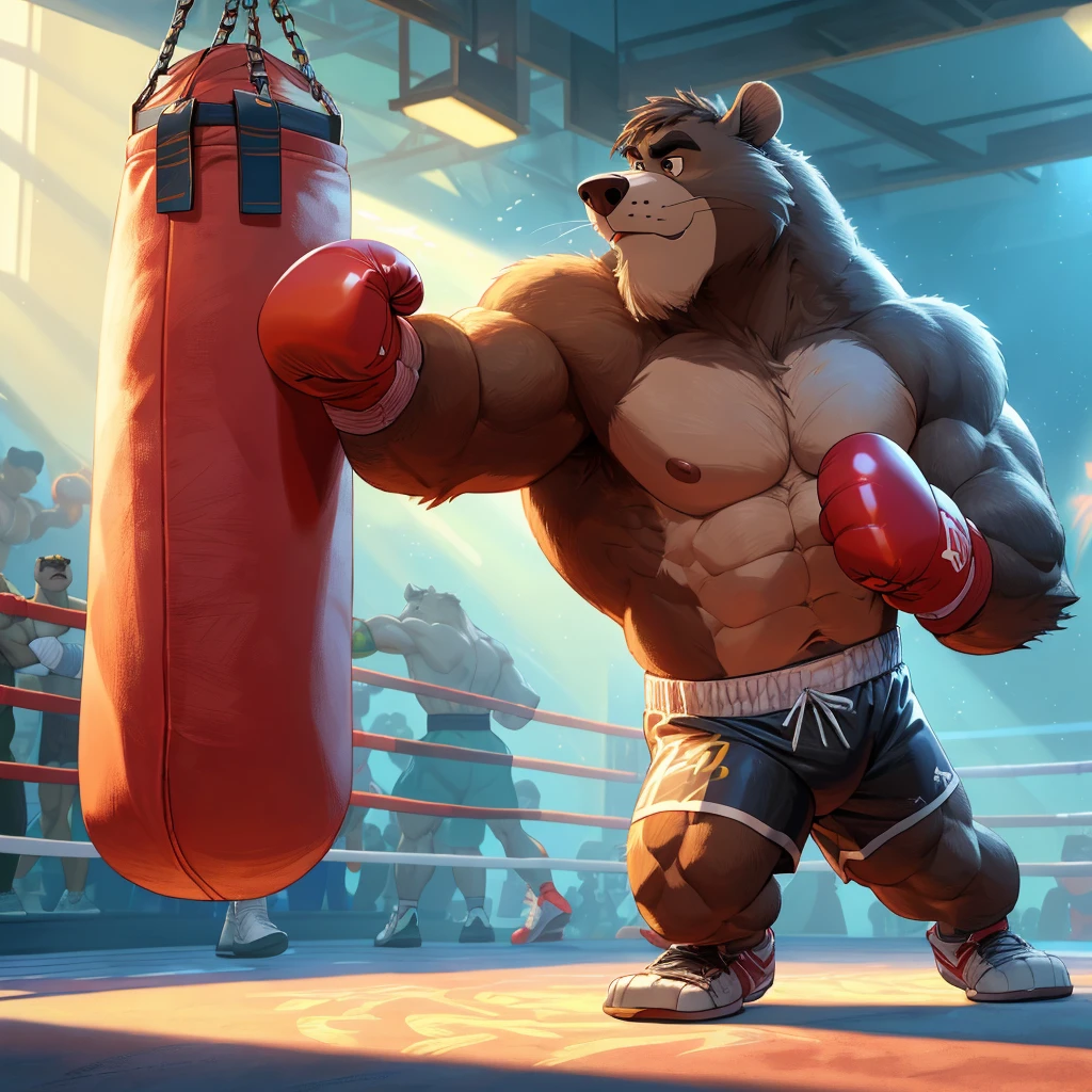 Baloo's training for the boxing championship, dark fur, thick arm, huge arm, Dark hair, muscular, pectoral, wide pectoral, realistic, 8k, masterpiece, (wearing black boxing shorts, boxing gloves and shirtless:1.3, topless, shoes) punching the punching bag, jungle book disney art