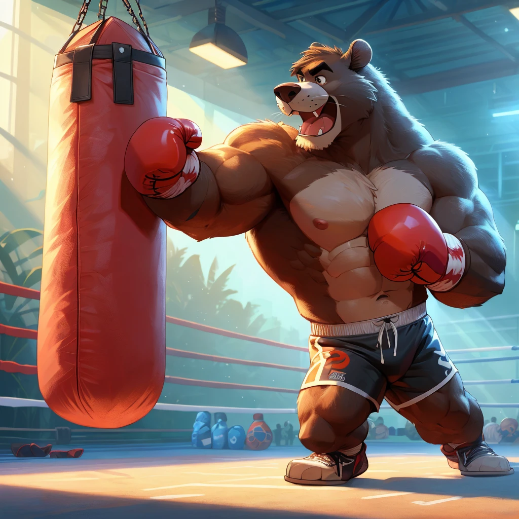 Baloo's training for the boxing championship, dark fur, thick arm, huge arm, Dark hair, muscular, pectoral, wide pectoral, realistic, 8k, masterpiece, (wearing black boxing shorts, boxing gloves and shirtless:1.3, topless, shoes) punching the punching bag, jungle book disney art