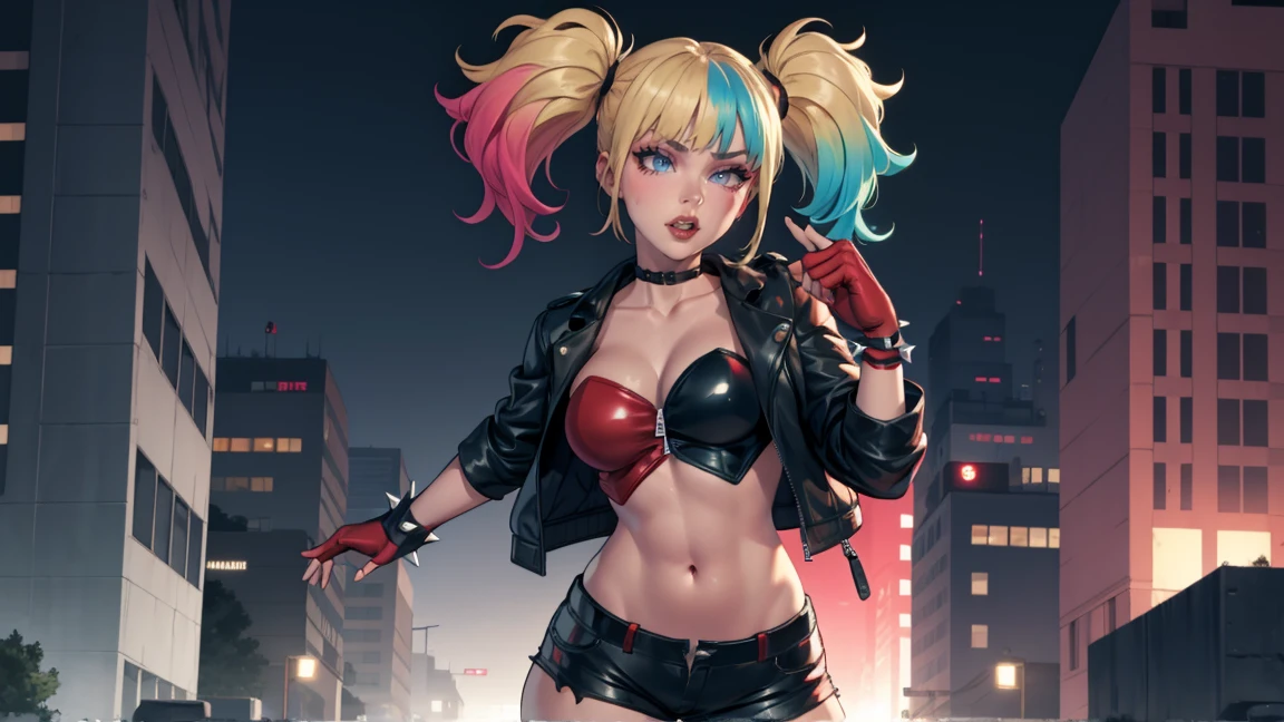 work of art, best qualityer, ultra detali), dynamic pose, dynamic lighting, Looking at Viewer, Linda, ultra realistic,32k, work of art:1.2),(highly detailed skin:1.1),( 8k hd, dslr, high qualiy:1.1), dynamic pose, suggestive posing, big smile, perfect body,harley quinn, bangs, blue eyes, blonde hair, twintails, blue hair, multicolored hair, choker, gradient hair, makeup, piercing, pink hair, lips, lipstick, red lips,
thighhighs, gloves, navel, cleavage, jewelry, jacket, open clothes, shorts, black gloves, midriff, black thighhighs, fingerless gloves, collar, bracelet, open jacket, black jacket, crop top, torn clothes, short shorts, tattoo, chain, spikes, cropped jacket, spiked bracelet, spiked collar, micro shorts, multicolored jacket,(melhor iluminação), ((iluminação cinematográfica)),ângulo sexy,iluminação sexy, riso confiante,tiro cowboy,de cima:1.2, cidade noturna com luzes neon no fundo, inclinando para frente