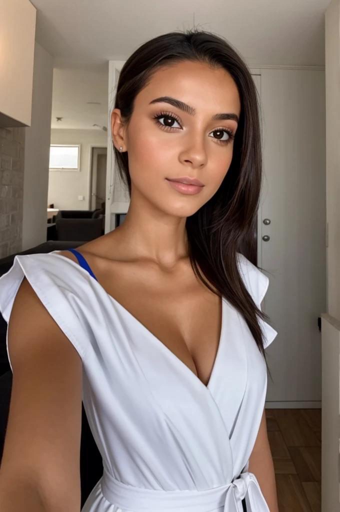 fille colombienne habillé en robe brune qui prends un selfie
