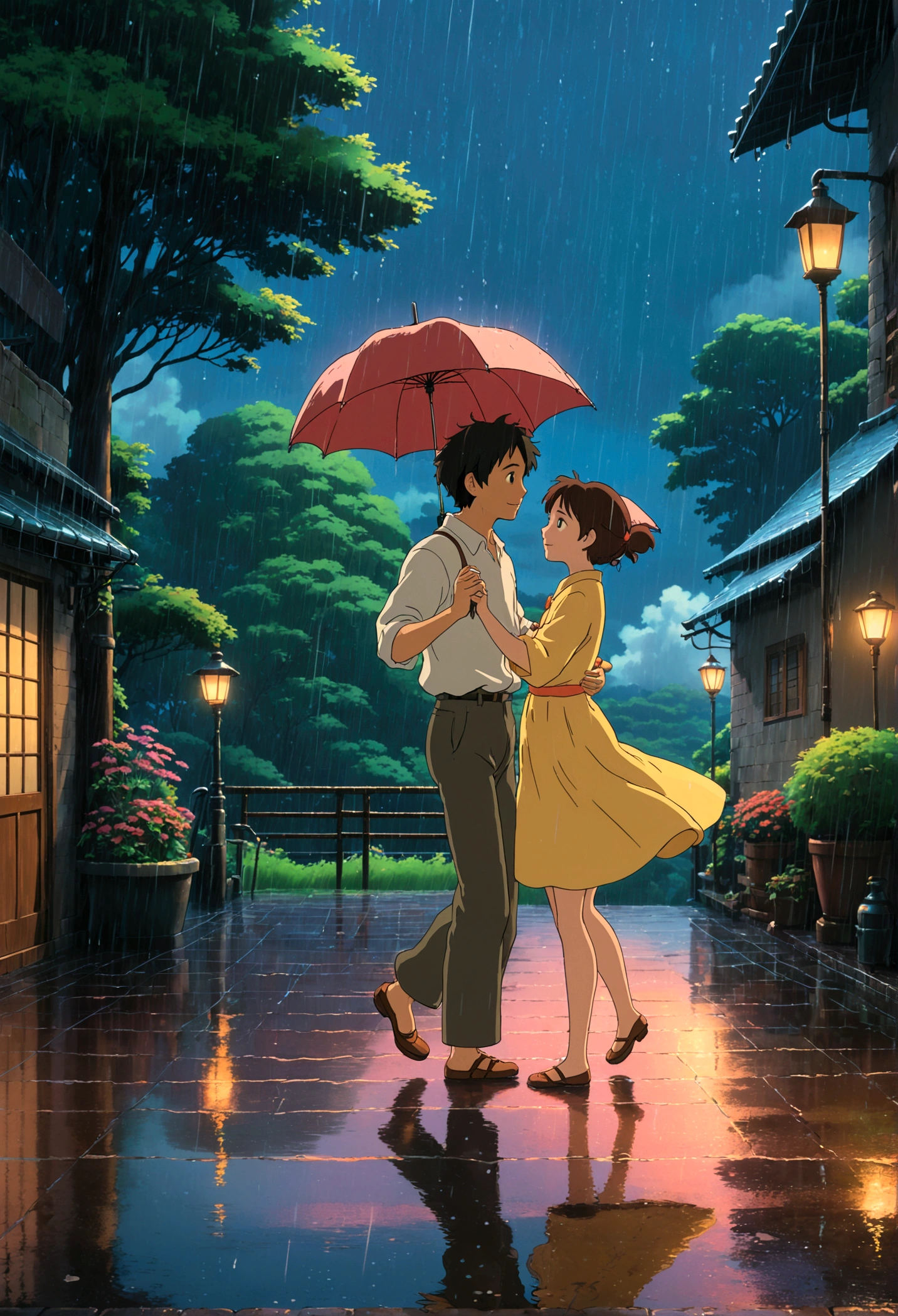 Dancing in the Rain, Studio Ghibli Style, Ghibli color, Miyazaki Hayao style, anime style, full body, cinematic still, cinemascope, best quality, masterpiece, very aesthetic, perfect composition, intricate details, ultra-detailed, vivid colors