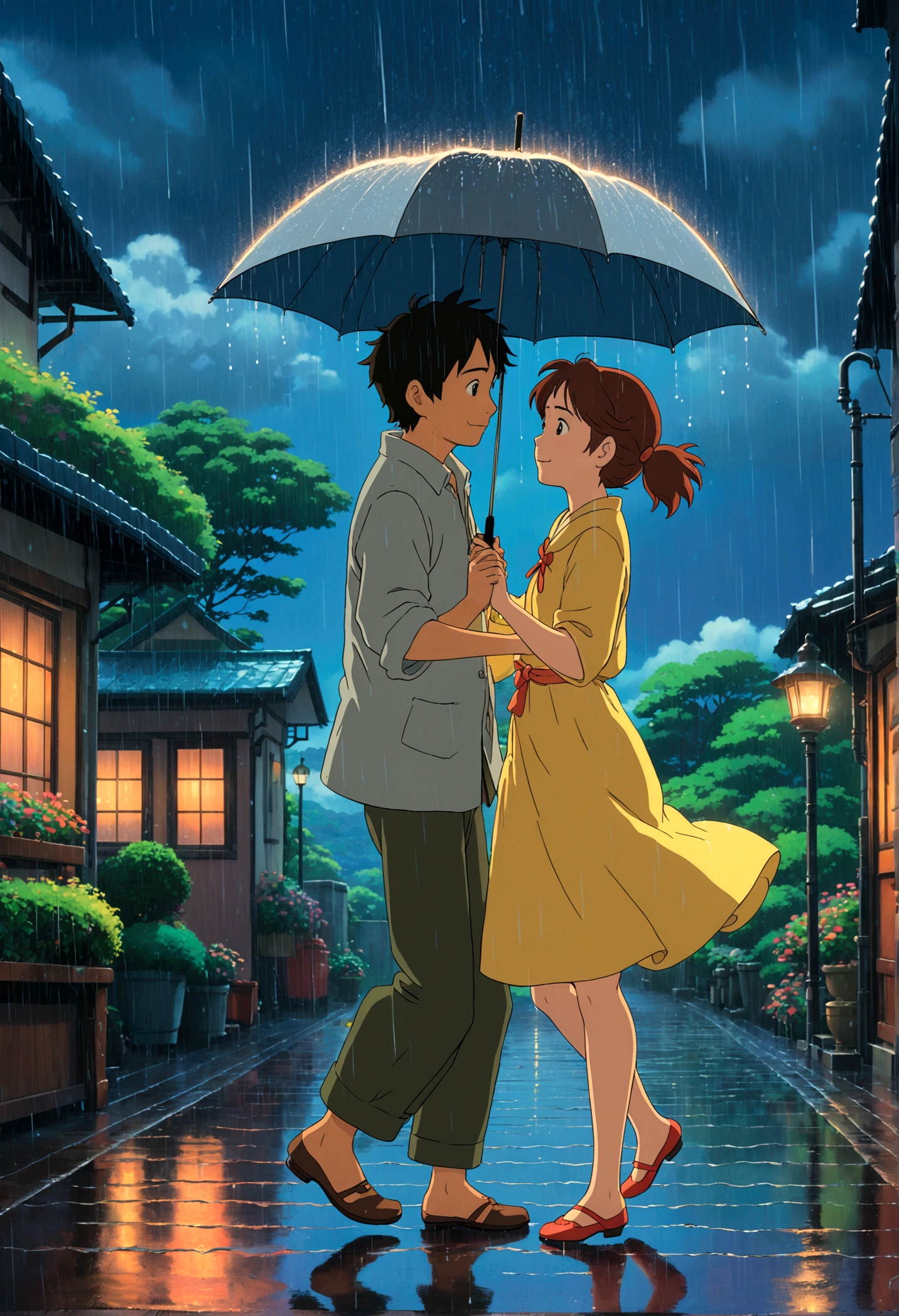 Dancing in the Rain, Studio Ghibli Style, Ghibli color, Miyazaki Hayao style, anime style, full body, cinematic still, cinemascope, best quality, masterpiece, very aesthetic, perfect composition, intricate details, ultra-detailed, vivid colors