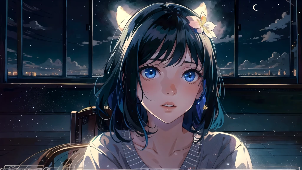 Create an illustration of a girl with black hair and blue eyes, sitting in a chair in front of a desk, Sentimental, Introspective look。, The moonlight gently shines into the room, Gently illuminate the space, Curtains sway in the wind, Increase tranquility, Dark mood, Emphasise the theme of loneliness, silence, And the depths of night, The room is dark、dimly lit by the moonlight
