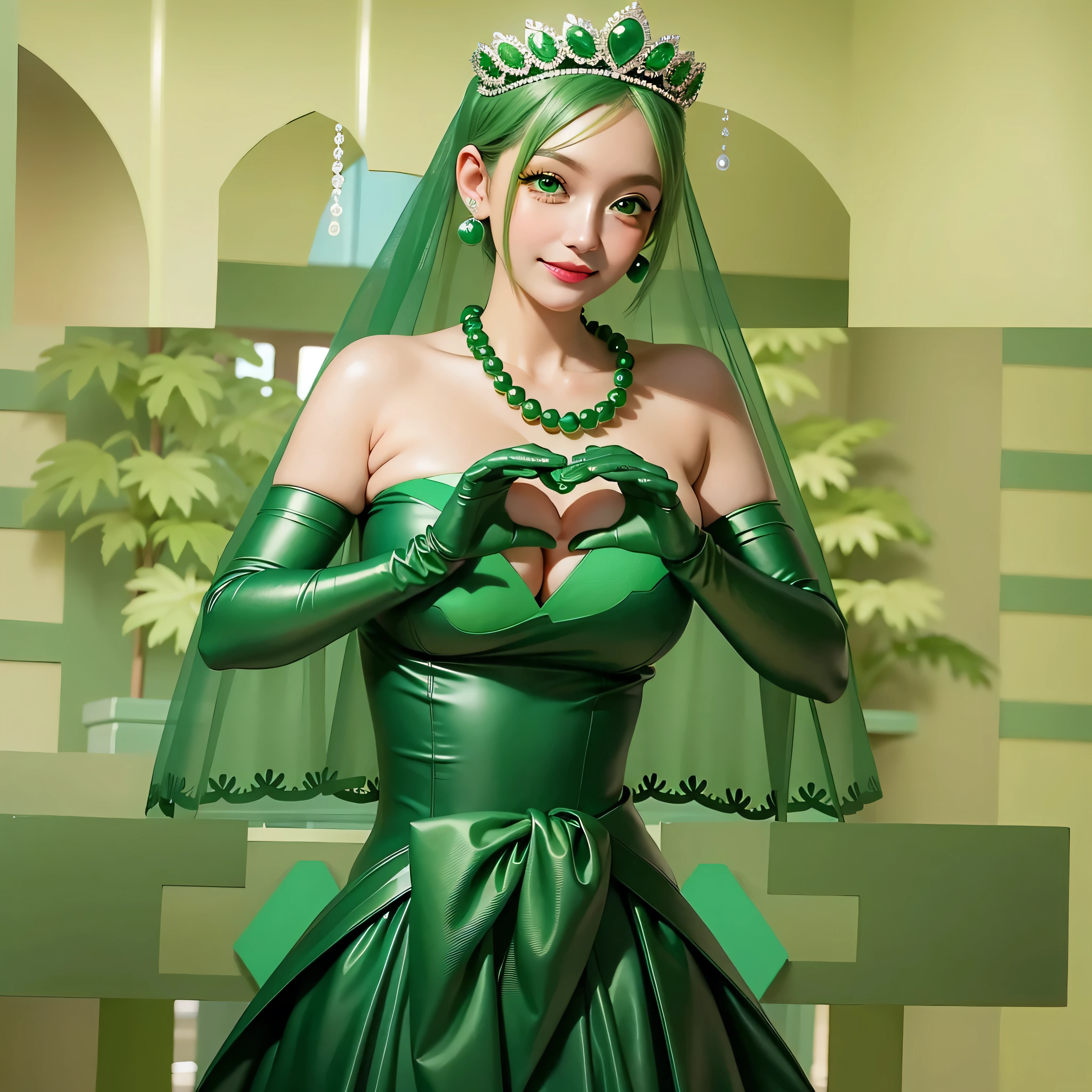 emerald tiara, Green Pearl Necklace, Boyish very short green hair, Green Lips, Smiling Japanese woman, Very short hair, Busty beautiful lady, Green Eyes, Green satin long gloves, Green Eyes, Emerald Earrings, Green veil, Heart with both hands, Green Hair, Beautiful Japanese Women, Heart shaped hands:1.3, green lip gloss