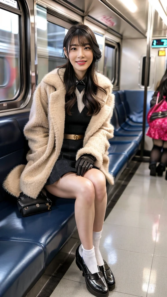 A full-body photo of a mature Japanese gal high school girl with flashy hair wearing a cute fur coat with leather shoes and shiny, thin, short black leather gloves,sitting cross-legged,Five fingers,Inside the train,Voyeur,Heavy makeup face eyeshadow,mascara,cross the her legs,Ultra-detailed face, open eyes,((Legs crossed)).Smelly short black socks, Ultra Mini Skirt,She looks at the photographer with an inviting expression.,School Bags,This photo was taken in daylight with soft lighting..、sitting in a subway train seat.。. This photo was taken by someone on their cell phone..、Apparently it was posted on Snapchat.。. 