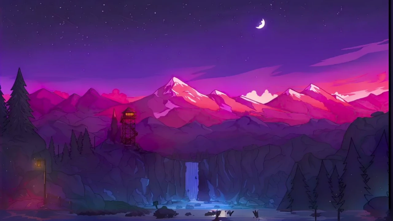 a painting of a mountain scene with a waterfall and a moon, background art, background artwork, amazing wallpaper, 4 k hd illustrative wallpaper, beautiful wallpaper, high quality wallpaper, jen bartel, mobile wallpaper, anime background art, wallpaper mobile, high quality desktop wallpaper, beautiful iphone wallpaper, colorful concept art, vertical wallpaper, calm night. digital illustration, night scenery