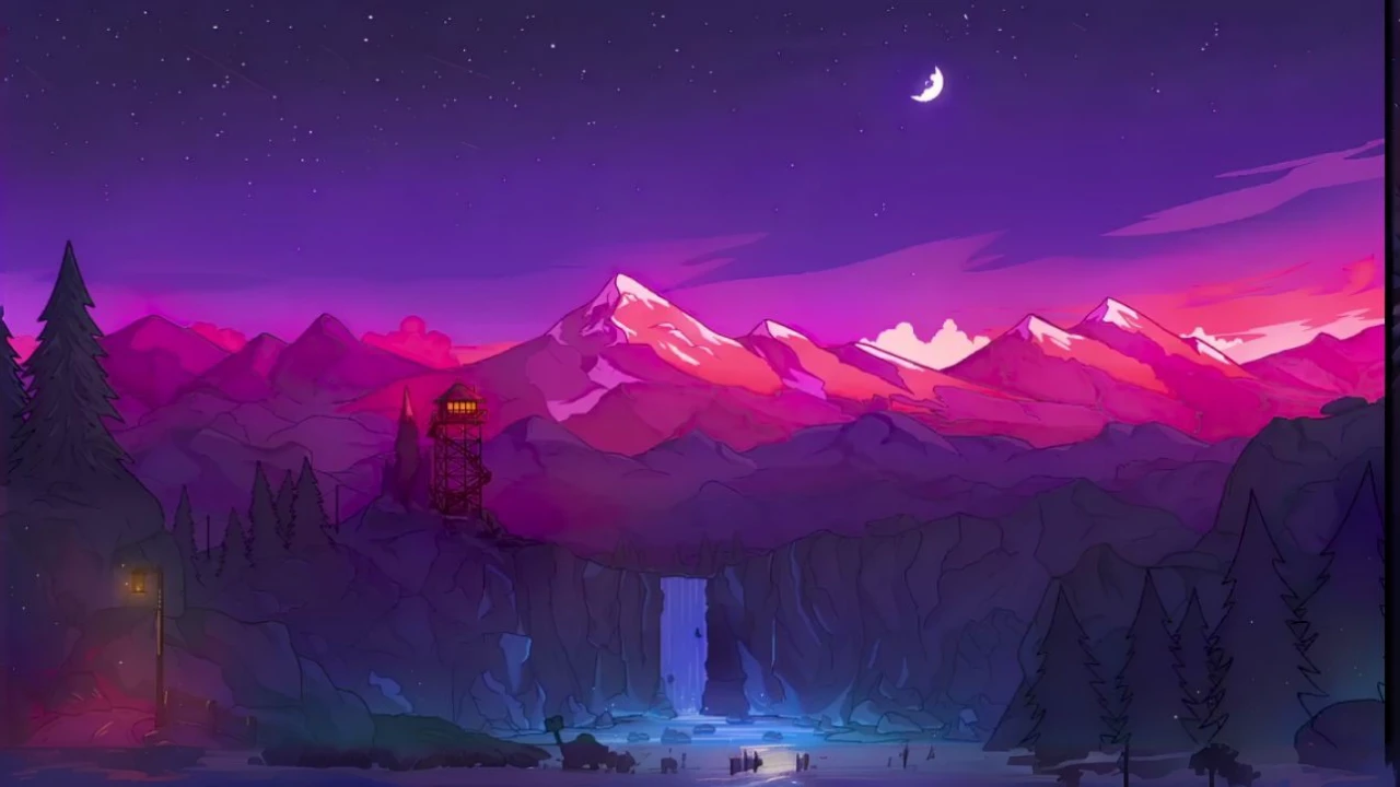 a painting of a mountain scene with a waterfall and a moon, background art, background artwork, amazing wallpaper, 4 k hd illustrative wallpaper, beautiful wallpaper, high quality wallpaper, jen bartel, mobile wallpaper, anime background art, wallpaper mobile, high quality desktop wallpaper, beautiful iphone wallpaper, colorful concept art, vertical wallpaper, calm night. digital illustration, night scenery