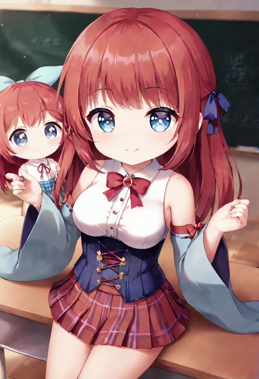 ((Highest quality)), ((masterpiece)), (be familiar with), Perfect Face, Big eyes, Drooping eyes, eyelash, The sparkling light of the eyes, teacher, long red hair, blue eyes white sleeveless blouse, detached sleeves, wide sleeves, heel sandals, (light blue plaid corset pleated mini skirt), hair ribbon, smile, medium breasts, closed mouth, classroom