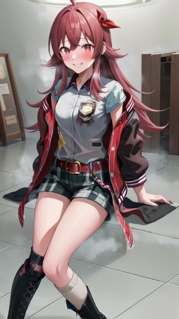 masterpiece, best quality, highres, akaho, long hair, ahoge, hair ribbon, red ribbon, letterman jacket, long sleeves, Bracelet, open jacket, collared shirt, grey shirt, Red belt, green shorts, plaid, black thighhighs, street, cowboy shot. :p、loafers、Long legs、Long legs、Absolute area、Micro Shorts、(Black knee socks:1.4) Grinning、Smile、is standing、Sweating:1.5), (steam:1.3), ((((blush))))),Absolute area、(black leather thigh boots)、a room、Hi-Res, 1girl in, ,},{{solo,Boyish 1 Girl}}