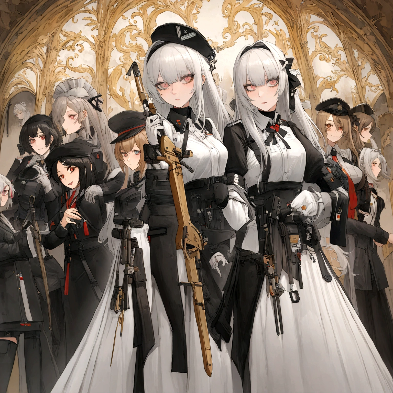 One wears、Holding a sword、Woman wearing a hat, from Girls Frontline, Fine details. Girls Frontline, From Arknights, Girls Frontline style, anime maid ss military, Azur route style, Girls Frontline cg, Kushat Krenz Key Women in Art, Gu Weiss, Krenzkushat, White-haired deity, Fleet Collection Style，Standing painting，E2 style，Standing painting的风格，one person，individual，individual立绘，