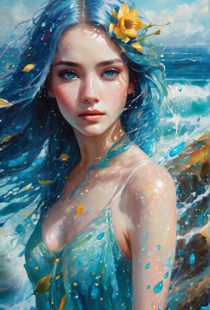 ultra highly detailed, action painting, spring, falling  petals  ,32k,  , oil painting, watercolor, close up fantasy well-dressed ethereal  spirit  , innocent looking young  woman, luminous skin, skin scales, blue hair, , unusual appearance, delicate face   the sea, waves,    freckles , glittering, turquoise glowing eyes, , water drops, highly detailed, intricated, intricated pose, thick strokes, liquid, melting,  , masterpiece, high quality