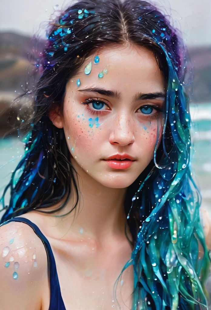 ultra highly detailed, action painting, spring, falling petals ,32k, , oil painting, watercolor, close up fantasy well-dressed ethereal spirit , innocent looking young woman, luminous skin, skin scales, blue hair, , unusual appearance, delicate face the sea, waves, freckles , glittering, turquoise glowing eyes, , water drops, highly detailed, intricated, intricated pose, thick strokes, liquid, melting, , masterpiece, high quality