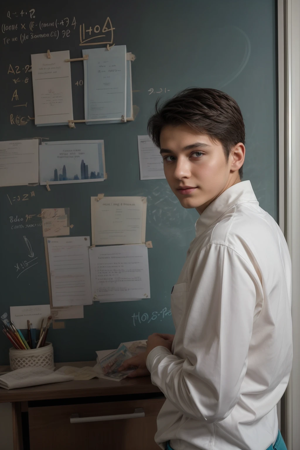A beautiful young male twink with black hair and a face with makeup. He is wearing a long-sleeved white shirt with a tight fit and aqua blue pants. He is in his office and behind him is a blackboard with calculus equations written on it, and he looks proudly with reddened cheeks.