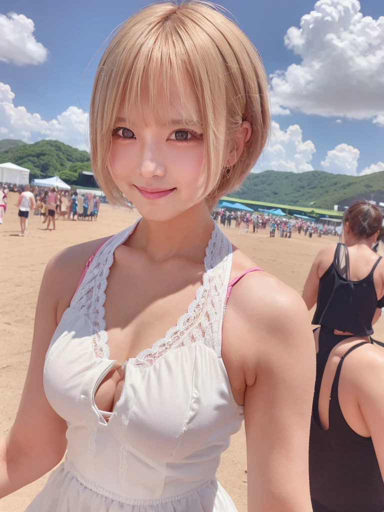 Cute Girls　Blonde short hair upper body　smile　bright　Summer festival