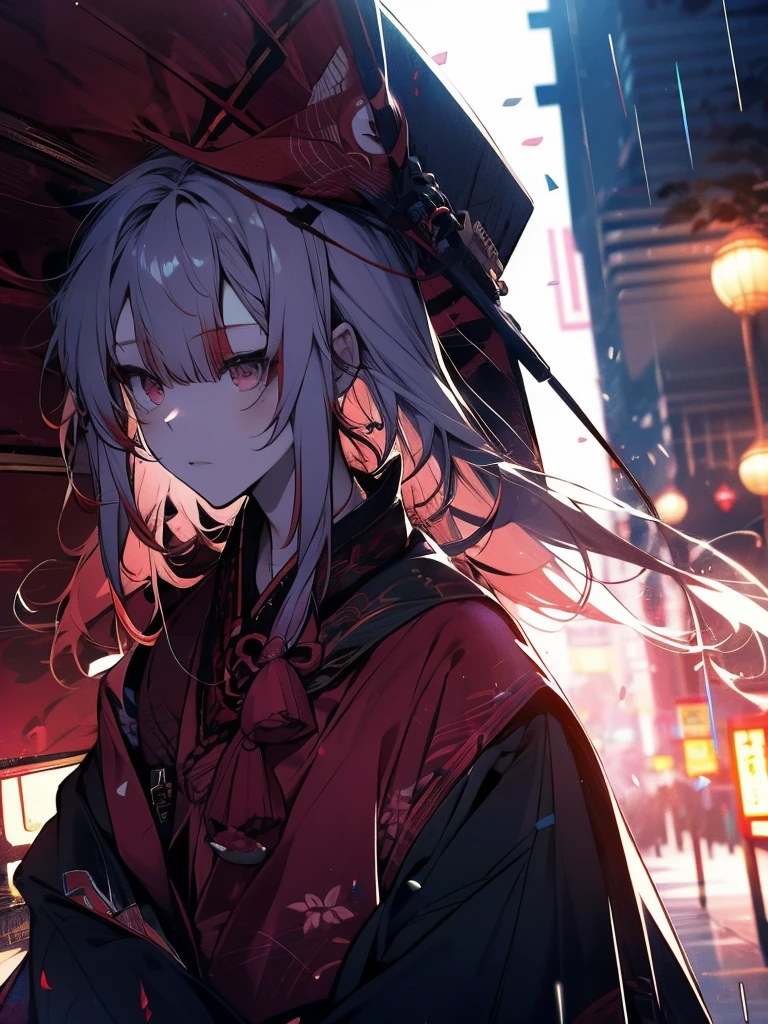 Nakiri Ayame、
oni Horn、multicolor hair、
long hair、
red eyes、
white hair、One Girl、morning、rain、coat、Put your hands in your pockets、They will laugh、Super colorful、Red-based color scheme、Melancholic expression、