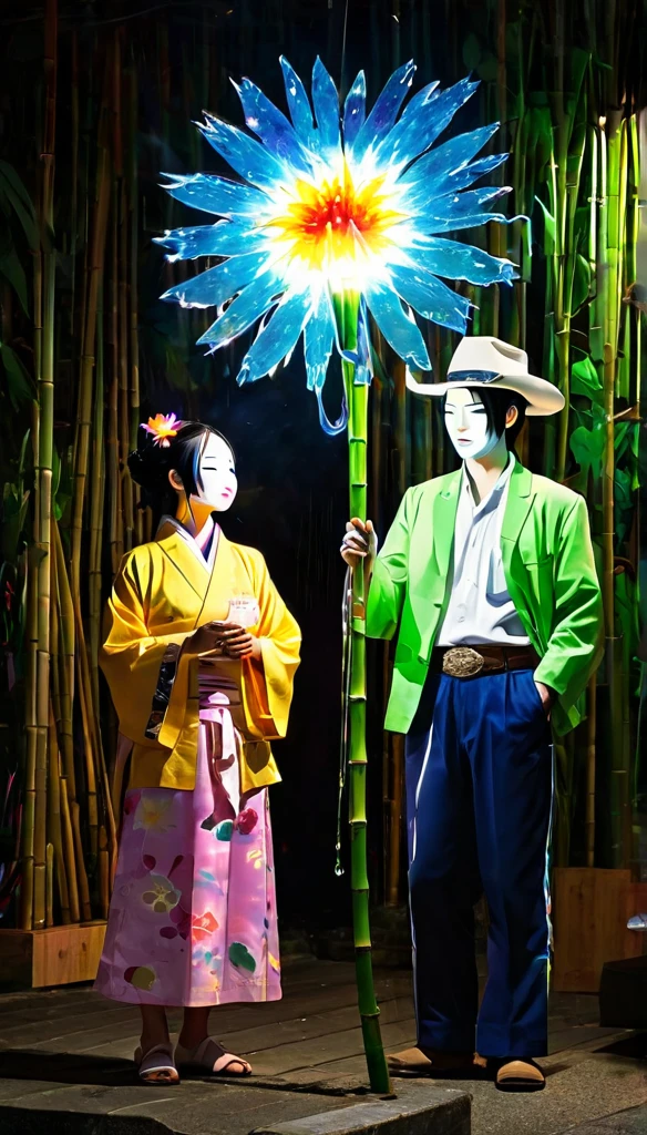 tears、tearsを流すTwo people、Sad expression、Caving、Two people gazing at a big flower、Two people、tanabata、Strip、Bamboo leaf、Wishing on Strip、Grilling in a yukata,fluid,Particles of light, dream-like,Sparkling,dream-like glow,Paint drips,oil,strong stroke,Paint drips,Splash Paint Drop, oil,(Abstract:1.2)A girl and a boy made up of(tanabataライトトレース:1.25),Change to (Radioluminescence light tracking) スタイルtanabataのSummer festival,Two people are Orihime and Hikoboshi(Cowboy Shot),Temple Fair,Summer festival,Shining in rainbow colors、16K, Ultra-high resolution, to be born,wonderful ,future、iridescent、The world 30 years from now。