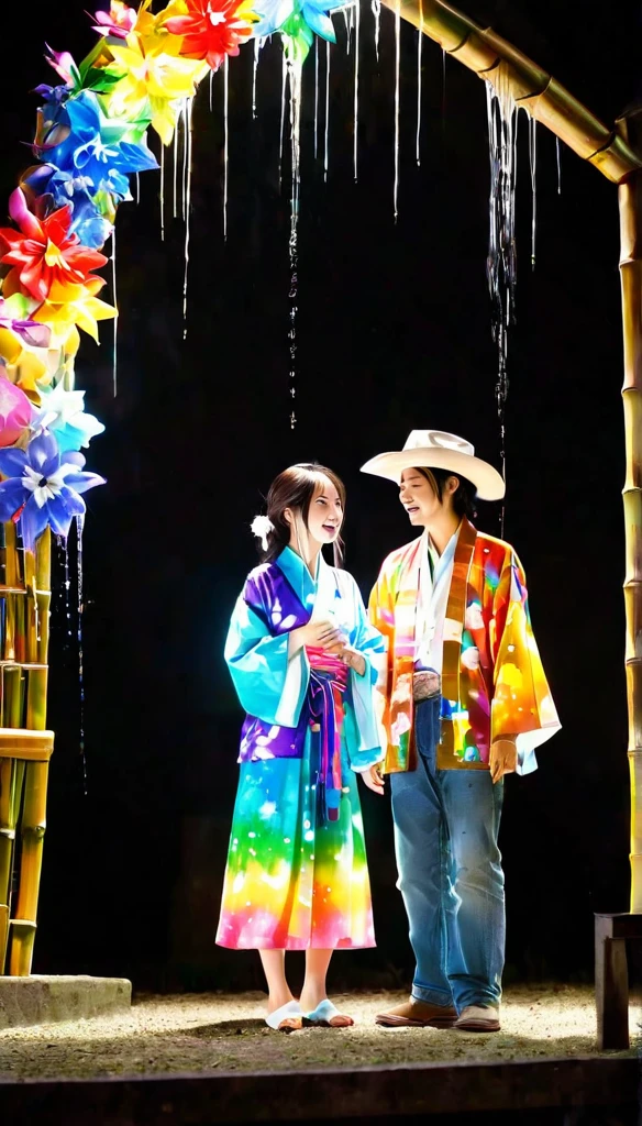 tears、tearsを流すTwo people、Sad expression、Caving、Two people gazing at a big flower、Two people、tanabata、Strip、Bamboo leaf、Wishing on Strip、Grilling in a yukata,fluid,Particles of light, dream-like,Sparkling,dream-like glow,Paint drips,oil,strong stroke,Paint drips,Splash Paint Drop, oil,(Abstract:1.2)A girl and a boy made up of(tanabataライトトレース:1.25),Change to (Radioluminescence light tracking) スタイルtanabataのSummer festival,Two people are Orihime and Hikoboshi(Cowboy Shot),Temple Fair,Summer festival,Shining in rainbow colors、16K, Ultra-high resolution, to be born,wonderful ,future、iridescent、The world 30 years from now。