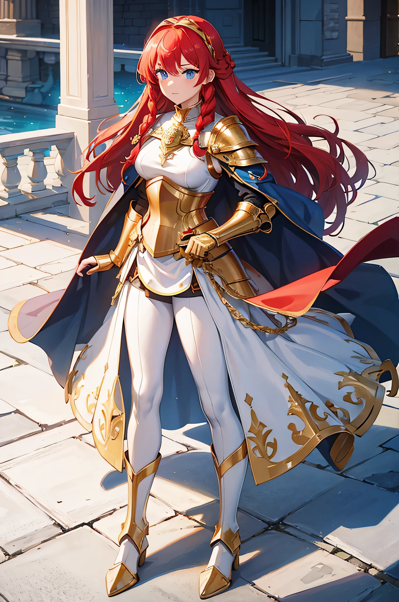 4K,High resolution,One Woman,Red Hair,long hair,Braid,Blue Eyes,knight,Golden Armor,Full Armor,Golden gloves,Golden shoes,Red Cape,White leggings,Jewelry decoration,hair band,Long sword,Inside a medieval castle