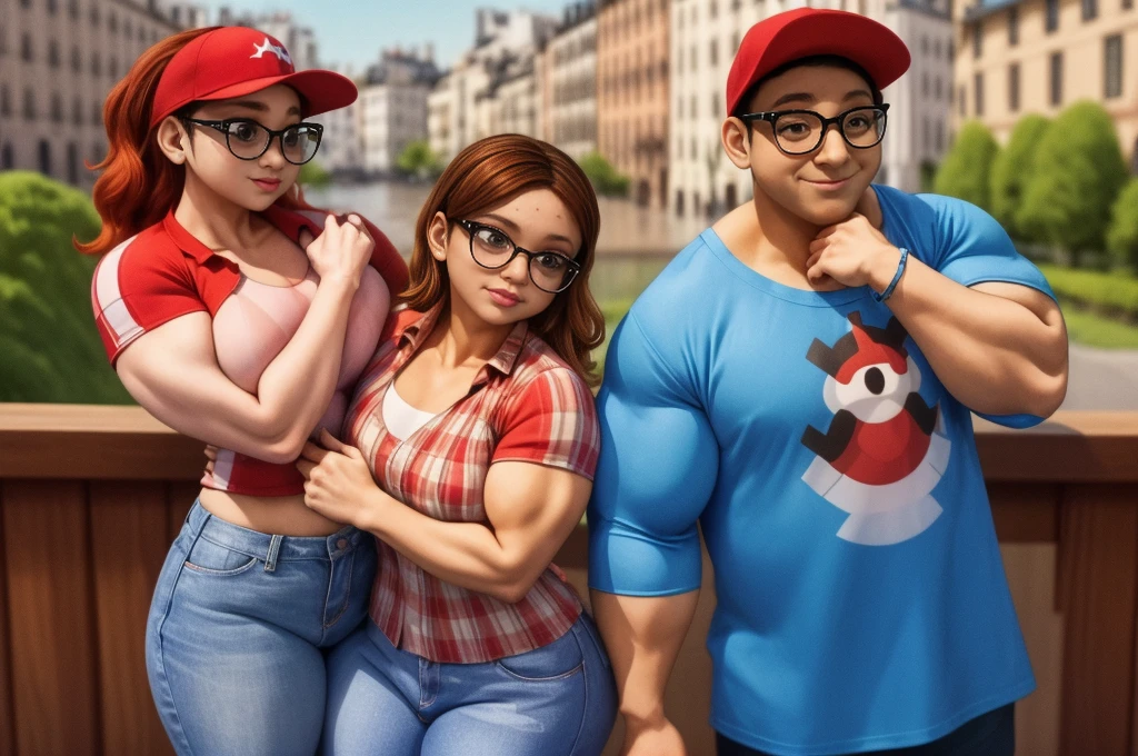 (masterpiece, best quality:1.2), A couple , boy Nino Lahiffe: Brown skin, dark hair, usually seen wearing a red cap, glasses, and casual clothing like a T-shirt and jeans, and a girl Alya Césaire: Brown skin, curly dark brown hair, often wears glasses, and typically seen in stylish, casual outfits. A casual day out with both characters in their everyday attire,Sharing a tender moment, like sitting on a rooftop overlooking Paris..(girl and boy:1), smiling, ((high resolution illustration)), ((extremely detailed)), (couple), Alya, Nino, Nino X Alya, (best quality,4k,8k,highres,masterpiece:1.2), ultra-detailed, realistic:1.37, HDR, studio lighting, extreme detail description, nino wearing a red cap, professional, vibrant colors, bokeh, ((muscular female bodybuilder)), detailed lips, strong embrace, romantic scene, intimate moment, intense passion, athletic bodies, fitness couple, gym background, muscular definition, sculpted muscles, sweat glistening,muscular.