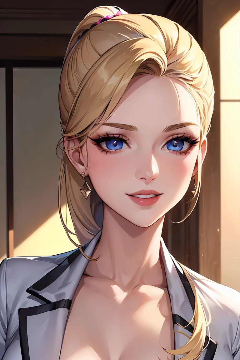 (masterpiece:1.2, Best quality), (exquisite eyes: 1.2), A high resolution, ultra detailed, HDR, masterpiece, very detailed face and eyes, confident expression with a grin, young woman, business style, trousers, blonde hair pulled back into a ponytail, 18 years, Squint, (exquisite eyes and exquisite face:1.3), ( nice and clear background: 1.2), (extremely detailed computer graphics, Super detailed, The best shadows: 1.1), ((depth of field)), makeup with arrows and pink lipstick