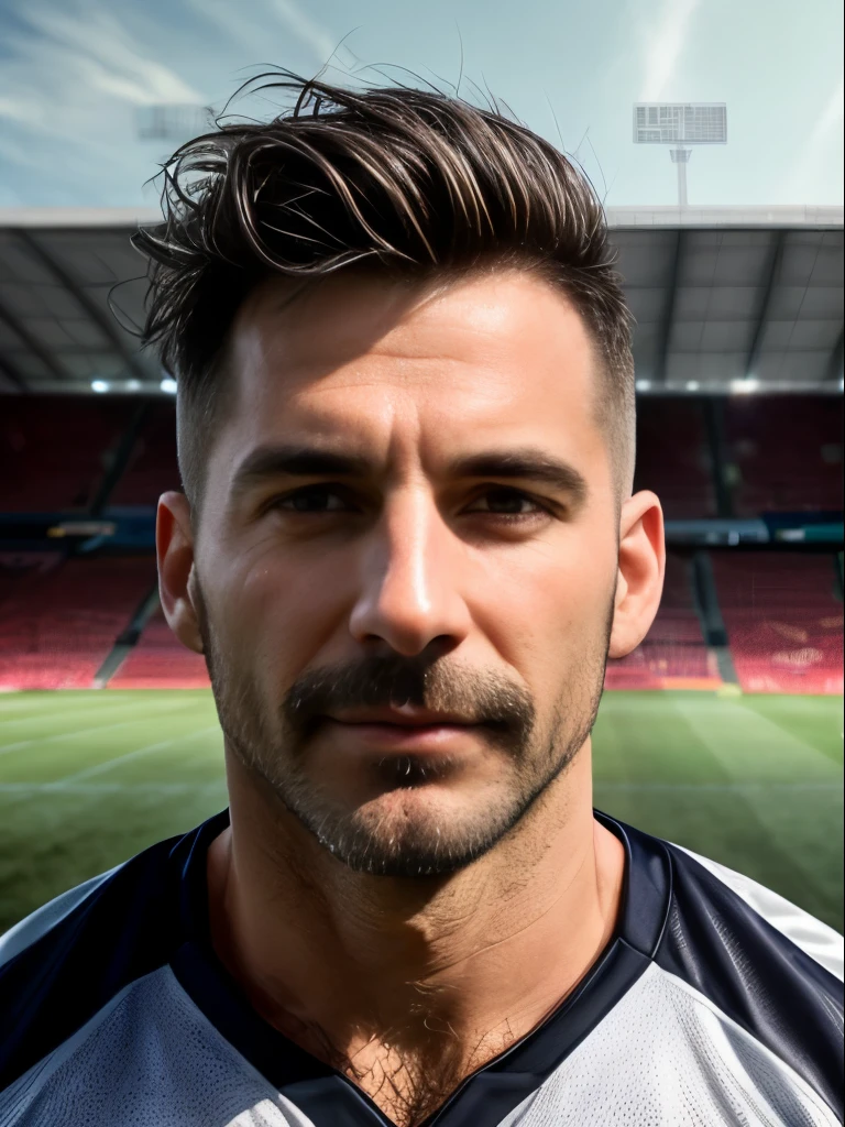 masterpiece, best quality, high resolution, closeup portrait, male focus, solo focus, A man, 40 years old, grey hair, soccer player, football player, grey silver hair, messy hairstyle, cute and seductive face, bare chest, body hair, facial hair, roman nose, very skinny body, hairy legs, cute, dimples, goatee and mustache, bold jawline , full body, sweaty, in the background an outdoor soccer football field, view from below, amazing composition, front view, HDR, ultra quality, elegant, highly detailed, fully naked, beautiful penis, realisric male genitalia, male penis, penis, cock, dick, veiny dick