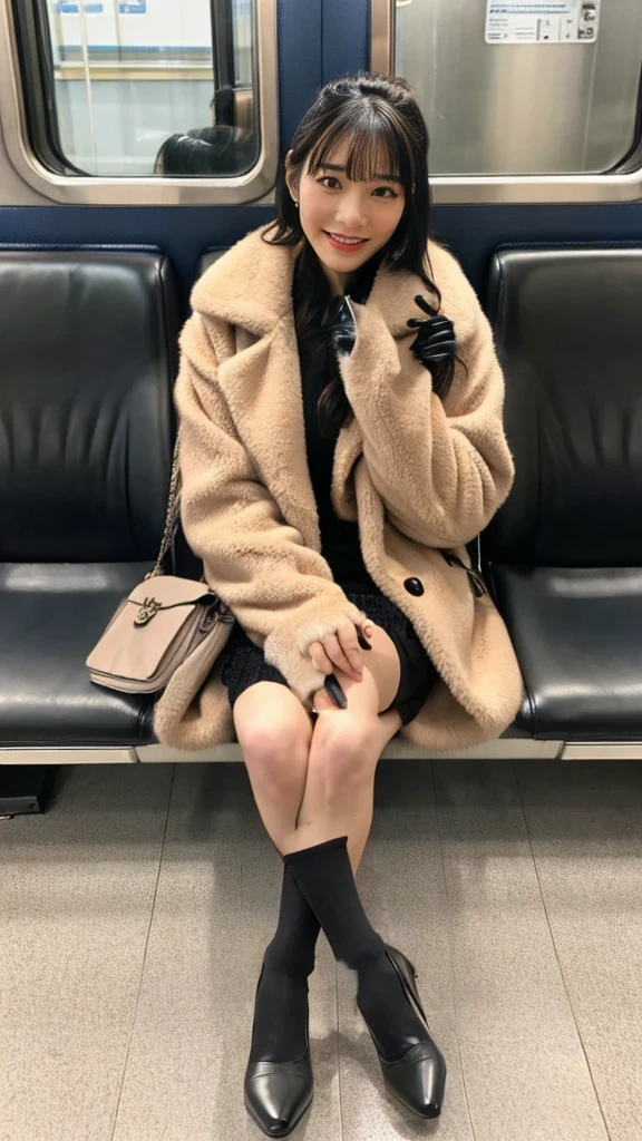 Black Leather Gloves,Five fingers,pumps,Wearing short black socks