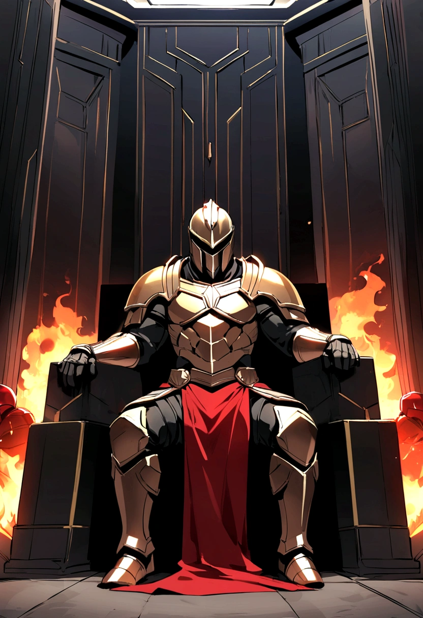 An older man dressed as a Spartan warrior sitting on a throne in a room that looked like a war room, At his side were two Spartans as his guards.