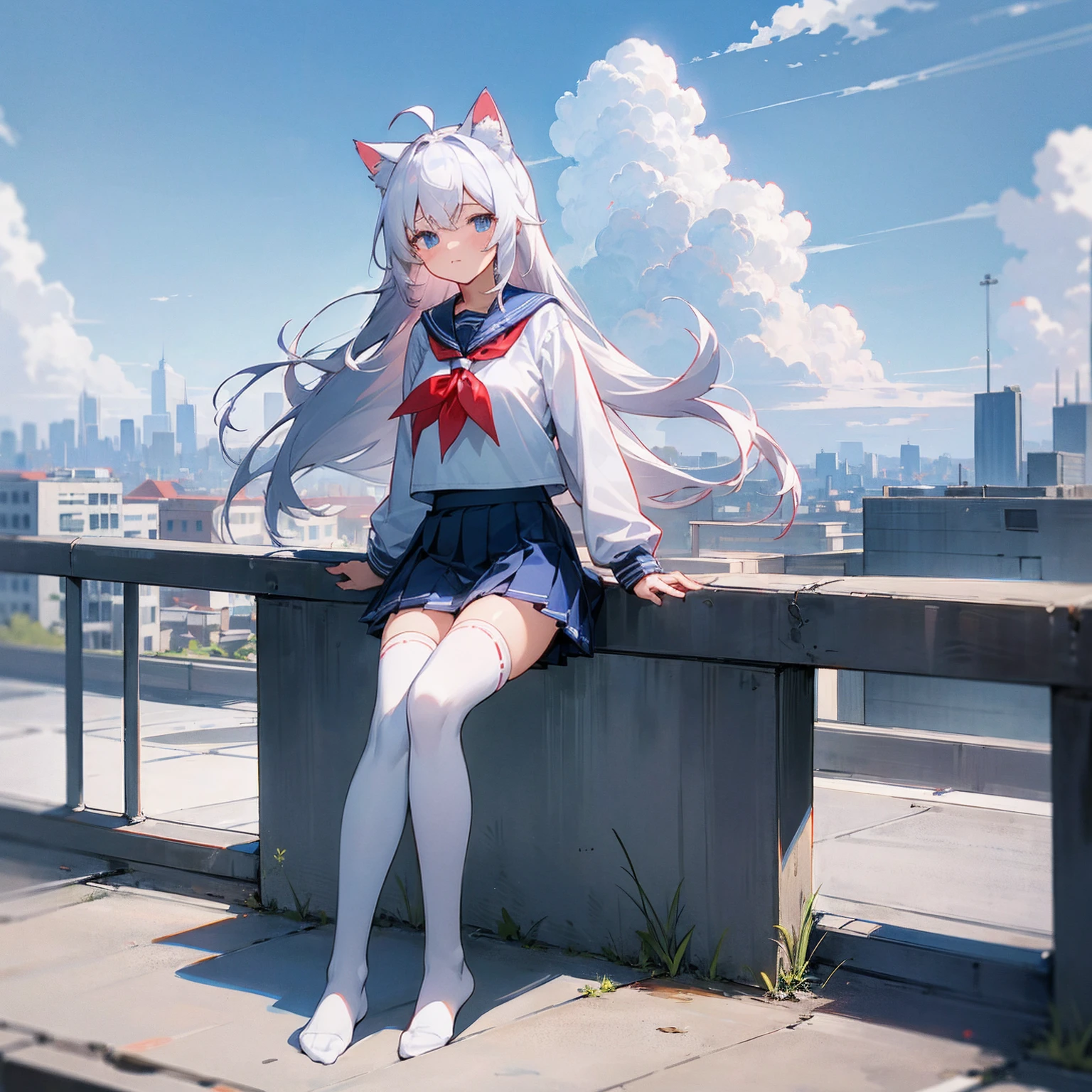 ((masterpiece, best quality)),a girl, solo, skirt, sky, sitting, thigh high socks, serafuku, cloud,outdoors, neckerchief ,day, bangs, fence, shirt, ahoge, rooftop, long hair, white thigh high socks,white hair, white , white sailor collar,blue eyes, sailor collar, white skirt, red neckerchief, white serafuku, animal ears, blue sky,white shirt, looking at viewer, closed mouth,cat ears, navy blue skirt, cloudy sky, pleated,no shoes,full body,landscape,city