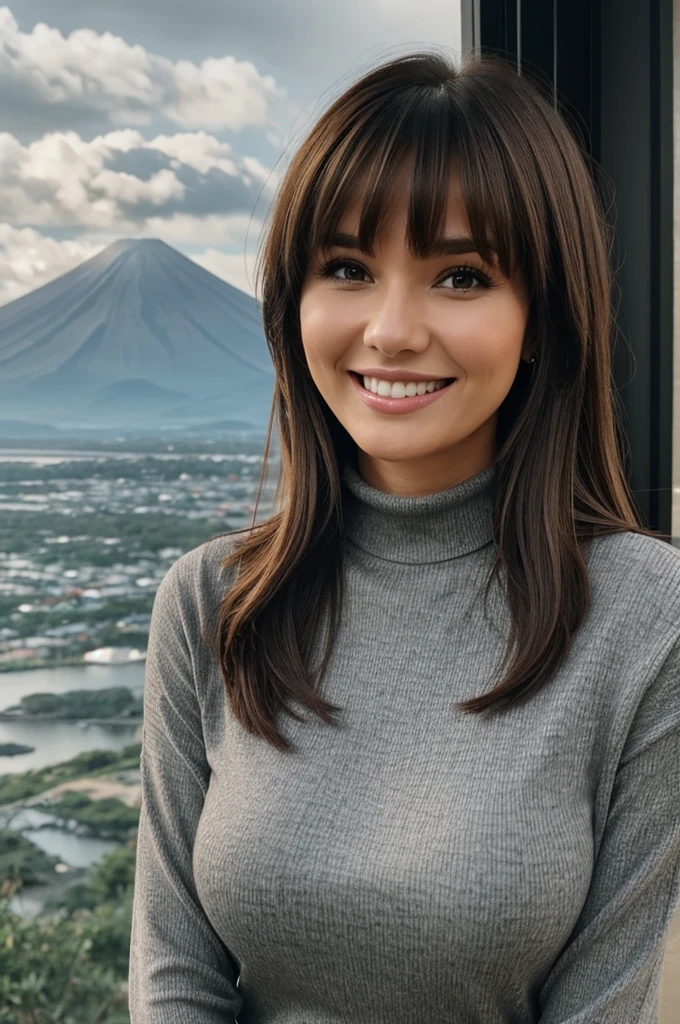 Girl with brown hair with bangs on one side, Milf body smiling boldly in a gray turtleneck shirt and a black mayon.
