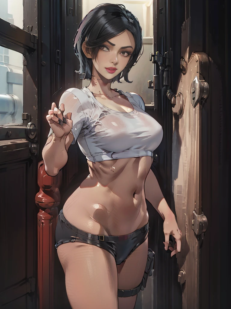 BLKD, black panties that says blacked on it, bathroom, (disorganized, High resolution, Super detailed), masterpiece, Ada Wong (resident evil), ((alone)), short hair, 1 girl, (((wearing a white tshirt))), (black panty), (((black thong))), closed mouth, standing, (((detailed lips))), ((realistic skin)), glowing skin, ((glossy red lips)), portrait, beautiful, smile, Normal skin,