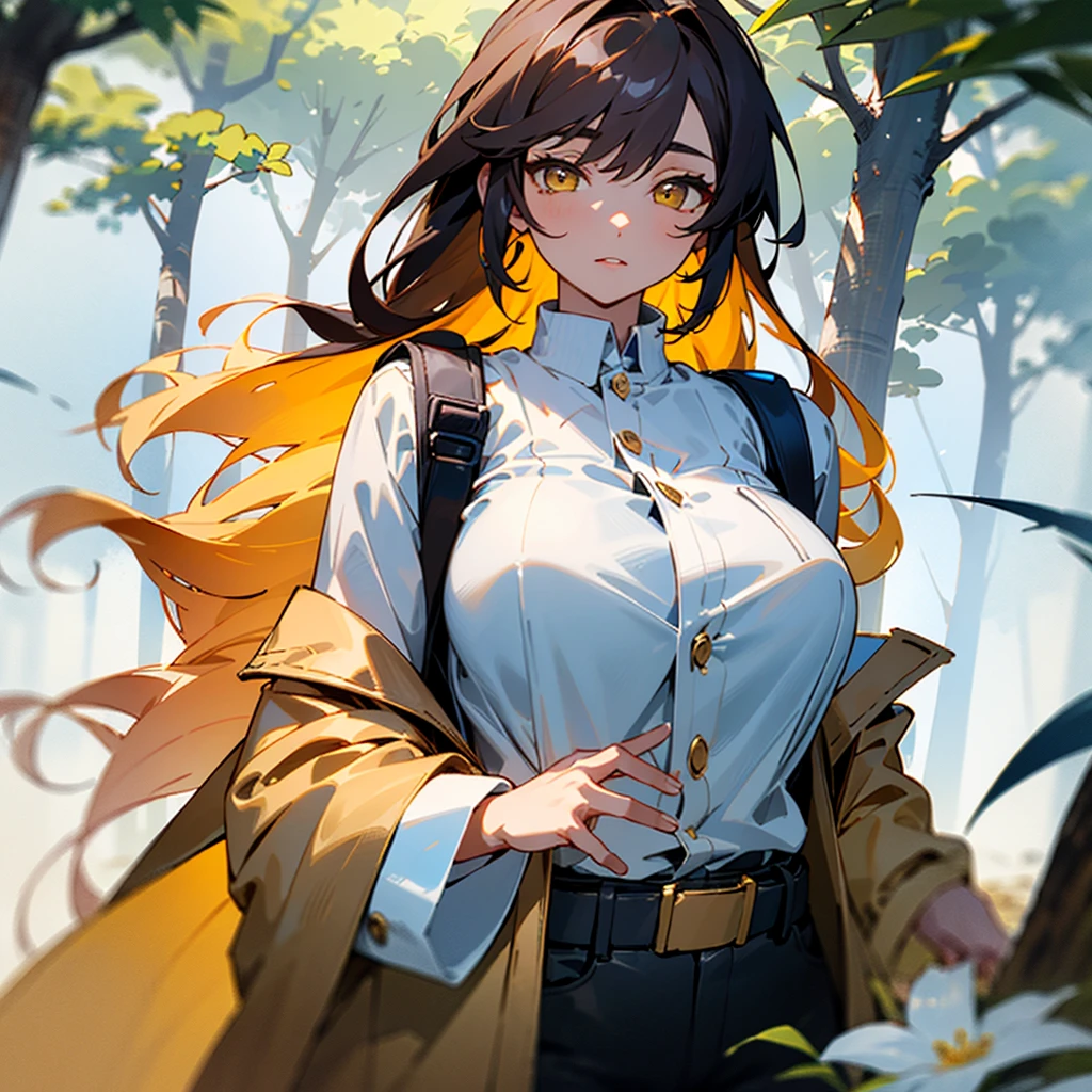 ((best quality)), ((masterpiece)), (detailed), off-shoulder sweater, Transparent body, Visible veins, Highly detailed, Upper body, one girl, young Korean woman with a Korean beautiful face, golden eyes and yellow sandy lush hair, tanned dark bronze skin, huge chest, dressed in an open coat with rolled up sleeves, a transparent unbuttoned shirt, a wide leather belt with gold yarn, leather shorts, a hiking backpack, a two-handed katana in sheathed, walking through the forest, trees with blue foliage and white flowers,