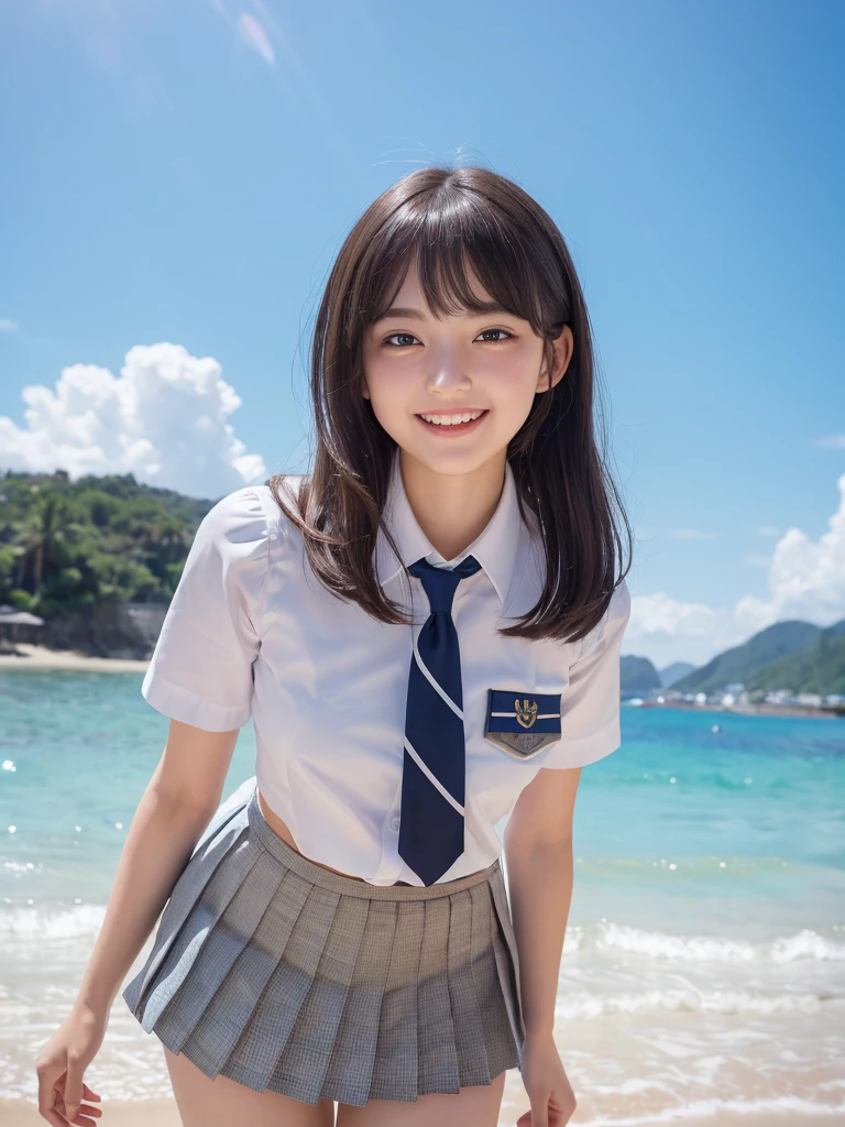 (round eyes:1.2), (highly detailed face and eyes), (big smile),  Amazing face and eyes, (school uniform, pleated mini skirt:1.3), (Best Quality:1.4), (Ultra-detailed), (extremely detailed CG unified 8k wallpaper), Highly detailed, High-definition raw color photos, Professional Photography, Realistic portrait, summer, (beach), (fine face:1.2),