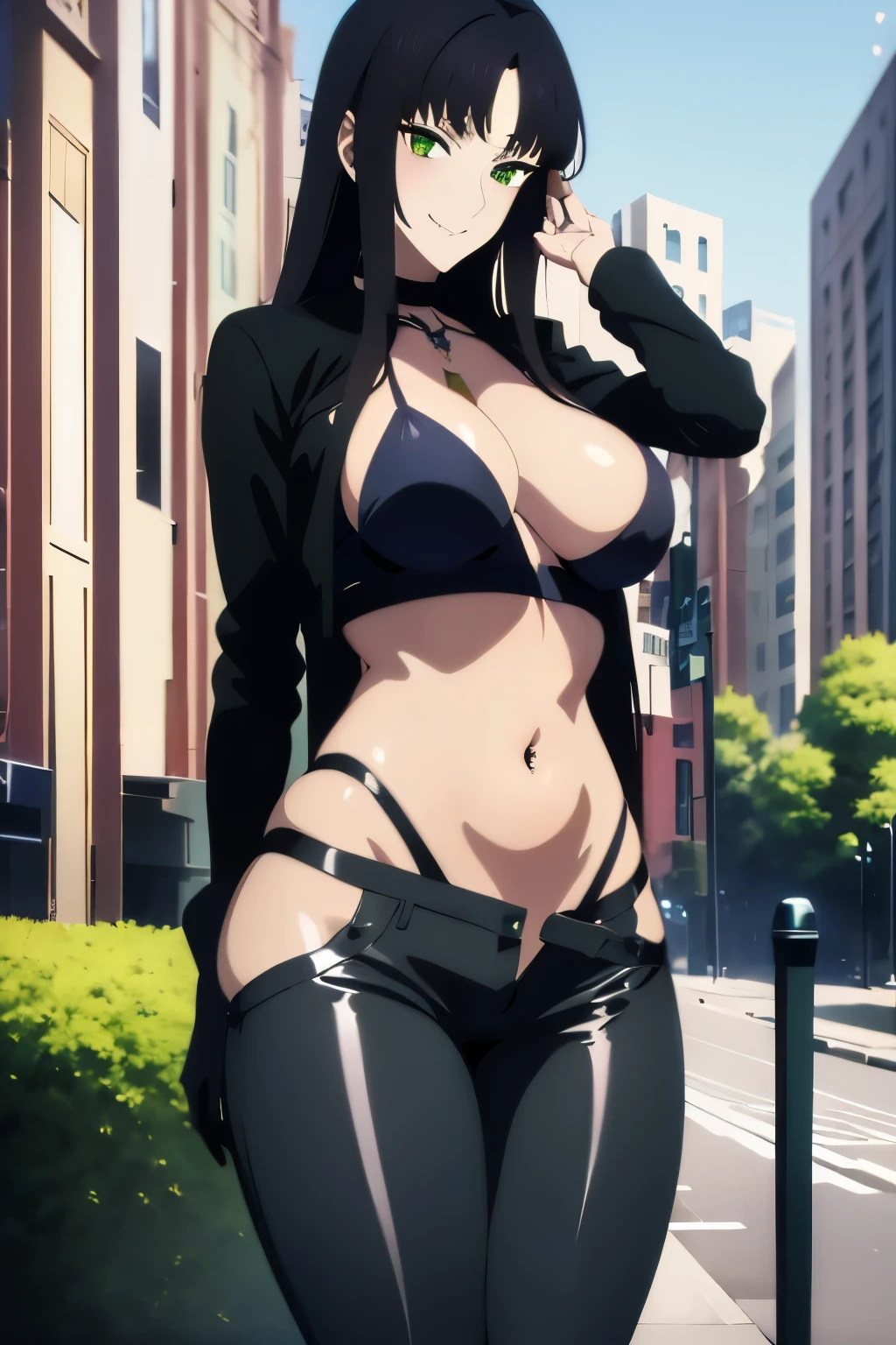 Anime Girl with long black hair and green eyes posing for a picture, (Anime Girl), pretty Anime Girl, Smooth Anime CG Art, iwakura lain, long hair, mature female, makeup, eyelashes, blush, lipstick, fur trim, mature female, gloves, fur-trimmed coat, outdoors, rooftop, cityscape, building, railing, night sky, scenery, city lights, masterpiece, best quality, highly detailed, a girls with a gun, evil smile , open mouth, sexy gaze, badass pose , evil smile, smile, (nsfw) not safe for work, guns blazing, anime girl with long hair, beautiful long haired girl, navel, evil expression, exposed belly, exposed navel, exposed midriff, exposed lower belly, long black pants, crop top, cleavage, unbuttoned leather pants ,open fly, low rise black leather pants, leather jacket, holding a gun, navel piercing