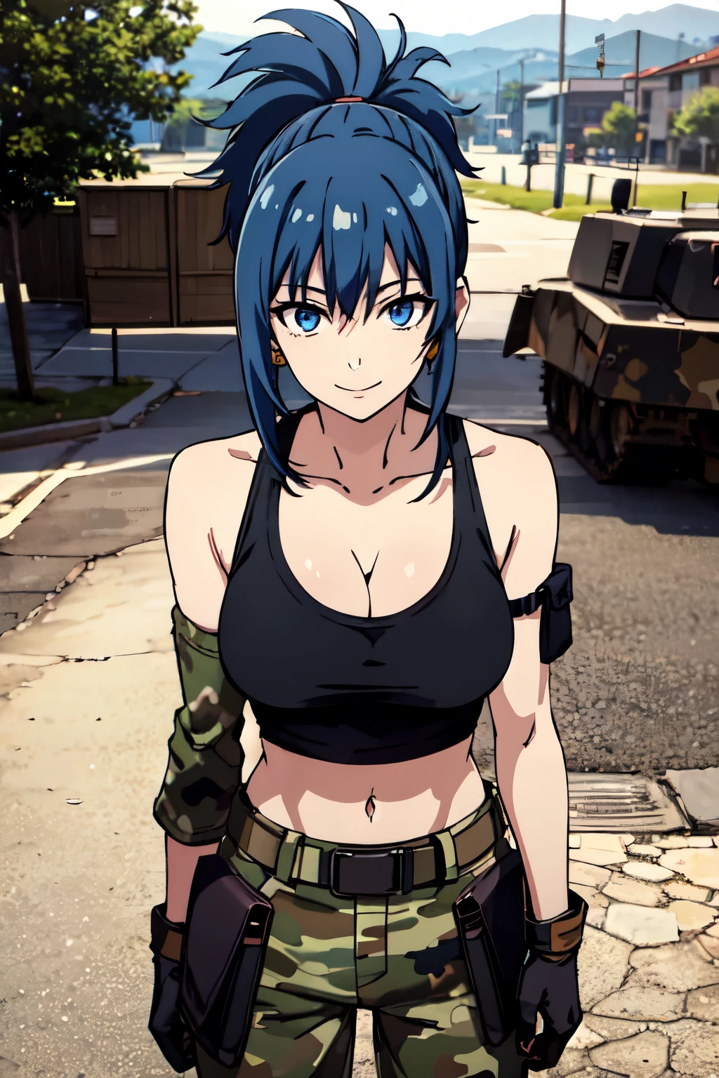 Leona Heidern, blue eyes, Blue Hair, ponytail, Tank top, Camouflage PANTS, jewelry, Cleavage, Camouflage, Bare shoulders, Large Breasts, Crop top, Pouch, bangs, belt, Earrings, No sleeve, abdomen, Long Hair, TRIANGLE Earrings, Black gloves, One girl, alone, Upper Body, In-person audience, (View your viewers:1.5), in the center, smile
