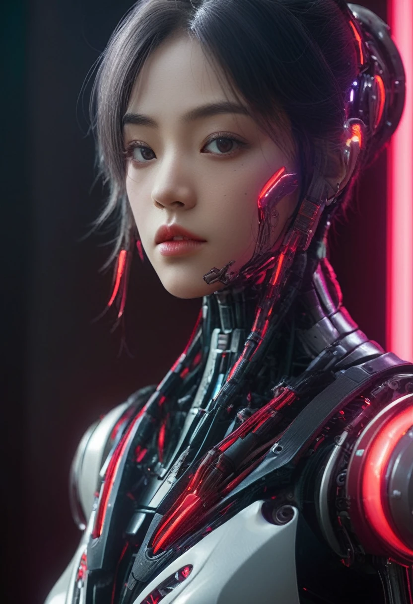 xxmixgirl. Highly detailed professional 35mm film, bokeh, face in sharp focus. A robotic female, Miku, with ((metal skin)), ((perfect Asian eyes)) with magenta irises and ((black pupils)), beautiful serious (detailed face), 18 year old ((photorealistic face)), very long magenta twin tails of magenta hair, twin black hair ties with a single red stripe. She may have a black audio headpiece. We can see her ((full body)) down to her boot soles. Her outfit is a sleeveless collared light grey shirt, outlined in red around the frilled collar and hems. Shiny reflective ((metallic breast cups, dimpleless)), invisible nipples. She wears black sleeves with red hems that start around her upper arm and bellow out as the sleeves open and extend to her wrists, with wide trumpet red rimmed cuffs. She has perfect robotic (detailed hands). She wears a red colored tie with two horizontal solid parallel black lines halfway across. She wears a fabric black skirt with a horizontal red hem at the bottom all the way around; her (((black skirt wraps around her))) and ((her skirt completely covers)) her robotic waist and thighs. Tall black boots with red bottom soles, a red rim around the top at her thighs. Her mechanical shoulder joints are visible. We can see her robotic legs and robotic neck. Half of her is covered with shiny polished machinery. The background is a distant dark neon futuristic Japanese city, gold, cyan, violet neon, near harbor or mountains.