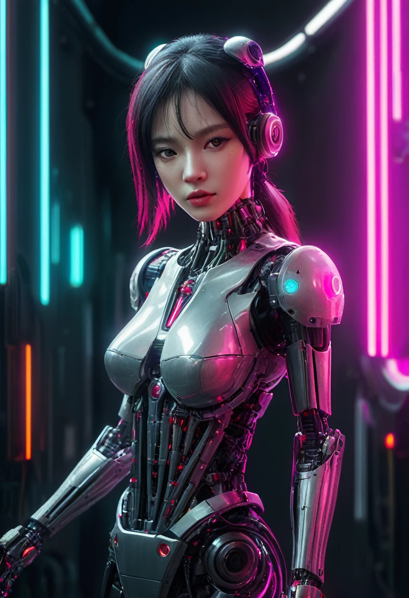 xxmixgirl. Highly detailed professional 35mm film, bokeh, face in sharp focus. A robotic female, Miku, with ((metal skin)), ((perfect Asian eyes)) with magenta irises and ((black pupils)), beautiful serious (detailed face), 18 year old ((photorealistic face)), very long magenta twin tails of magenta hair, twin black hair ties with a single red stripe. She may have a black audio headpiece. We can see her ((full body)) down to her boot soles. Her outfit is a sleeveless collared light grey shirt, outlined in red around the frilled collar and hems. Shiny reflective ((metallic breast cups, dimpleless)), invisible nipples. She wears black sleeves with red hems that start around her upper arm and bellow out as the sleeves open and extend to her wrists, with wide trumpet red rimmed cuffs. She has perfect robotic (detailed hands). She wears a red colored tie with two horizontal solid parallel black lines halfway across. She wears a fabric black skirt with a horizontal red hem at the bottom all the way around; her (((black skirt wraps around her))) and ((her skirt completely covers)) her robotic waist and thighs. Tall black boots with red bottom soles, a red rim around the top at her thighs. Her mechanical shoulder joints are visible. We can see her robotic legs and robotic neck. Half of her is covered with shiny polished machinery. The background is a distant dark neon futuristic Japanese city, gold, cyan, violet neon, near harbor or mountains.
