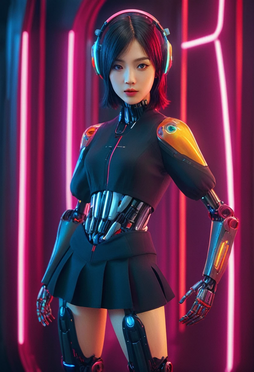 xxmixgirl. Highly detailed professional 35mm film, bokeh, face in sharp focus. A robotic female, Miku, with ((metal skin)), ((perfect Asian eyes)) with magenta irises and ((black pupils)), beautiful serious (detailed face), 18 year old ((photorealistic face)), very long magenta twin tails of magenta hair, twin black hair ties with a single red stripe. She may have a black audio headpiece. We can see her ((full body)) down to her boot soles. Her outfit is a sleeveless collared light grey shirt, outlined in red around the frilled collar and hems. Shiny reflective ((metallic breast cups, dimpleless)), invisible nipples. She wears black sleeves with red hems that start around her upper arm and bellow out as the sleeves open and extend to her wrists, with wide trumpet red rimmed cuffs. She has perfect robotic (detailed hands). She wears a red colored tie with two horizontal solid parallel black lines halfway across. She wears a fabric black skirt with a horizontal red hem at the bottom all the way around; her (((black skirt wraps around her))) and ((her skirt completely covers)) her robotic waist and thighs. Tall black boots with red bottom soles, a red rim around the top at her thighs. Her mechanical shoulder joints are visible. We can see her robotic legs and robotic neck. Half of her is covered with shiny polished machinery. The background is a distant dark neon futuristic Japanese city, gold, cyan, violet neon, near harbor or mountains.