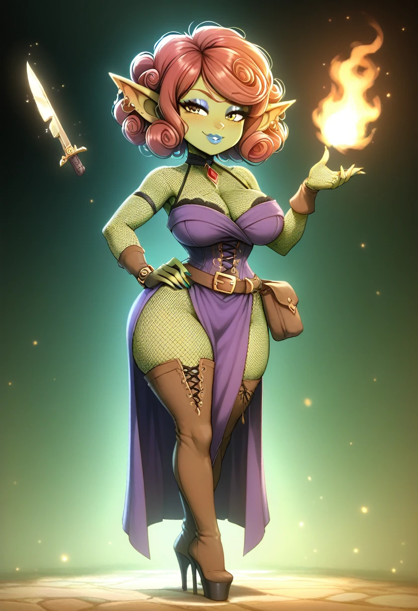 Girl, goblin girl, goblin, green skin, short, short stature, short hair, red hair, curly hair, large breasts, long gloves, thigh boots, pouty lips, masterpiece, best quality, sexy, dynamic pose, 8k, shortstack, sfw, shiny, fantasy, dungeons and dragons, high heels,  fishnets, holding, dark green skin, adventurer, slutty pose, sorcerer, sorceress, pyromancer, fire and ice, magic, fire and ice magic, long detailed slutty colorful dress, thigh pouch, very curly hair, lots of belts, curly hairstyle, lipstick, rosy cheeks, smile, eyeshadow, eye liner, knife belt on hip