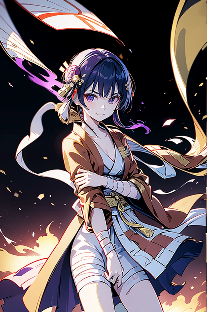 open the chest part of the kimono , (((roll up bandage on a chest tightly to cover the chest without gaps under kimomo:1.2))), Japanen Gangster adult woman, Killing Qi, wear the kimono, kimono come off ,wear the kimono multiple times, Bare shouldersand the clavicle, black and gold kimono, put on over jacket of kimono, holding a japanese sword which shine in purple, long sword, eye fire, high angle, whole body, bandage is seen, anime character, inappropriate smile, off sholder, nappropriate smile, Excellent