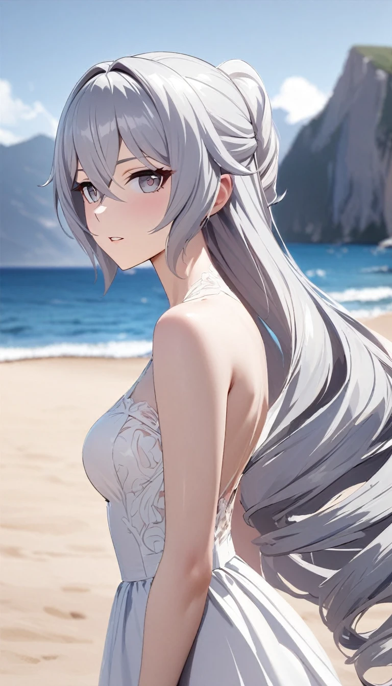 (((masterpiece))), (Portraiture), Scattered Light, Dynamic Shadows, Clear focus, detailed, dress , Anatomically correct, Affectionate face, Beach with mountain background, When you look to the side, Bronya, whole body, Bronya,front