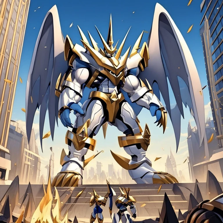 (solo. masterpiece. official art. 8k. best quality. detailed full body. full body.)
 
(situation 1 : dominating Imperialdramon_Paladin_Mode. Imperialdramon_Paladin_Mode is over 1000 meters long. focus GIANT mechanical Muscular Imperialdramon_Paladin_Mode is trampling the city. Looking down. macro. stomp. Low-angle perspective. emphasizing the immense size.)

(situation 2 :smoke and flames rising from the destruction in the city)

(Additional details 1: wearing a full-face helmet. armor. sword. holding a sword. gauntlet.).

(Additional details 2: (Detailed head. Detailed Body. Detailed abs. gigantic muscles. HYPER MUSCLES. Gigachad Muscular. big muscle. pecs. triceps. traps. unusually developed muscular body. body full of huge muscles. showing off muscles. pectorales enormes. Exaggeratedly huge muscles. huge muscles. long legs.).

(Additional details 3: Spread wings. It has wings. have big wings. The claws are sharp. Sharp teeth.).