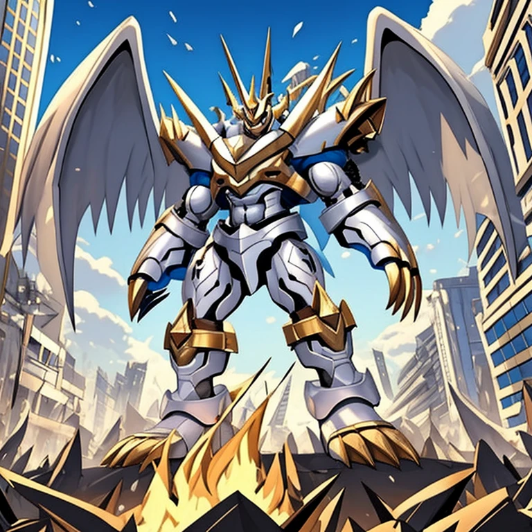 (solo. masterpiece. official art. 8k. best quality. detailed full body. full body.)
 
(situation 1 : dominating Imperialdramon_Paladin_Mode. Imperialdramon_Paladin_Mode is over 1000 meters long. focus GIANT mechanical Muscular Imperialdramon_Paladin_Mode is trampling the city. Looking down. macro. stomp. Low-angle perspective. emphasizing the immense size.)

(situation 2 :smoke and flames rising from the destruction in the city)

(Additional details 1: wearing a full-face helmet. armor. sword. holding a sword. gauntlet.).

(Additional details 2: (Detailed head. Detailed Body. Detailed abs. gigantic muscles. HYPER MUSCLES. Gigachad Muscular. big muscle. pecs. triceps. traps. unusually developed muscular body. body full of huge muscles. showing off muscles. pectorales enormes. Exaggeratedly huge muscles. huge muscles. long legs.).

(Additional details 3: Spread wings. It has wings. have big wings. The claws are sharp. Sharp teeth.).