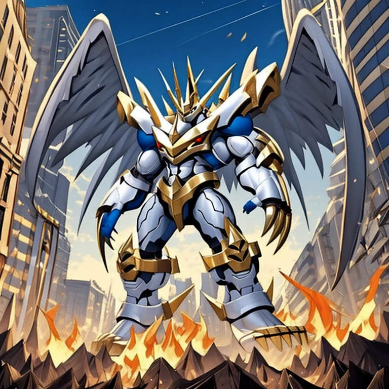 (solo. masterpiece. official art. 8k. best quality. detailed full body. full body.)
(situation 1 : dominating Imperialdramon_Paladin_Mode. Imperialdramon_Paladin_Mode is over 1000 meters long. focus GIANT mechanical Muscular Imperialdramon_Paladin_Mode is trampling the city. Looking down. macro. stomp. Low-angle perspective. emphasizing the immense size.)
(situation 2 :smoke and flames rising from the destruction in the city)
(Additional details 1: wearing a full-face helmet. armor. sword. holding a sword. gauntlet.).
(Additional details 2: (Detailed head. Detailed Body. Detailed abs. gigantic muscles. HYPER MUSCLES. Gigachad Muscular. big muscle. pecs. triceps. traps. unusually developed muscular body. body full of huge muscles. showing off muscles. pectorales enormes. Exaggeratedly huge muscles. huge muscles. long legs.).
(Additional details 3: Spread wings. It has wings. have big wings. The claws are sharp. Sharp teeth.).