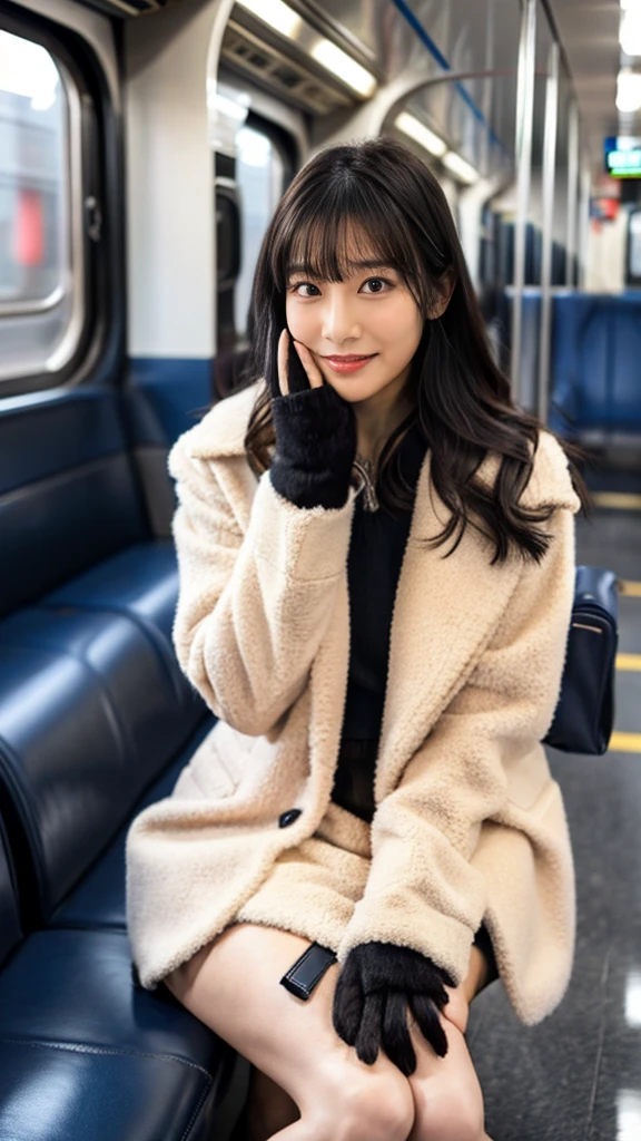 A full-body photo of a mature Japanese gal high school girl with flashy hair wearing a cute fur coat with leather shoes and shiny, thin, short black leather gloves,sitting cross-legged,Five fingers,Inside the train,Voyeur,Heavy makeup face eyeshadow,mascara,cross the her legs,Ultra-detailed face, open eyes,((Legs crossed)).Smelly short black socks, Ultra Mini Skirt,She looks at the photographer with an inviting expression.,School Bags,This photo was taken in daylight with soft lighting..、sitting in a subway train seat.。. This photo was taken by someone on their cell phone..、Apparently it was posted on Snapchat.。.
