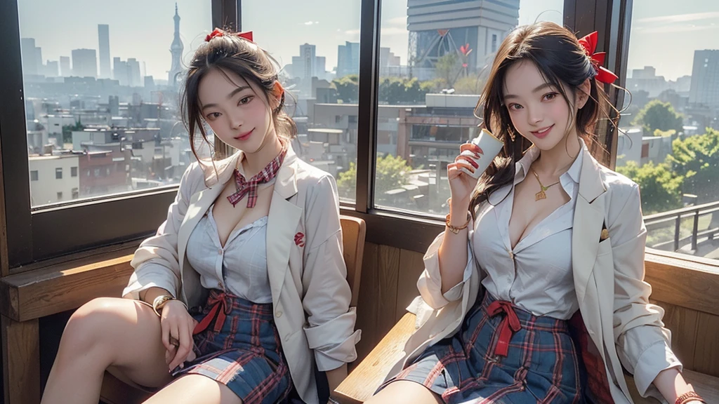 8K、RAW Photos、Highest quality、Super detailed、Super Resolution、Ultra HD、8K壁紙、Amazing details blazer uniform girl ((White blouse with formal collar, Blue Blazer,
Red Check Skirt, Red checkered ribbon on blouse)), Complete limbs, Full Finger,
(((((Starbucks Outdoor Cafe)))))、((16 year old female student))、(((((Eat cake、Drink coffee、smile)))))、(((Heart Necklace、Gold bracelet)))
(((Emphasize cleavage)))
(((((Woman sitting at the window seat)))))
(((((The red Tokyo Tower can be seen from the window.)))))
((((Full body photo、The whole body is visible、Full body portrait))))