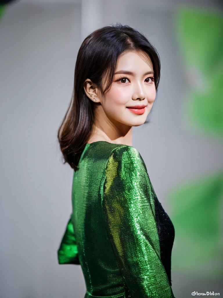 girl with long wolf cut hairstyle, green and black hair, facing forward on the right side, beautiful face, masterpiece, best quality, asian outfit with dark green oversized jacket, korean girl, emerald green eyes, masterpiece, with a ratio of 3:4 portrait.