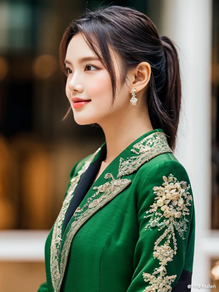 girl with long wolf cut hairstyle, green and black hair, facing forward on the right side, beautiful face, masterpiece, best quality, asian outfit with dark green oversized jacket, korean girl, emerald green eyes, masterpiece, with a ratio of 3:4 portrait.